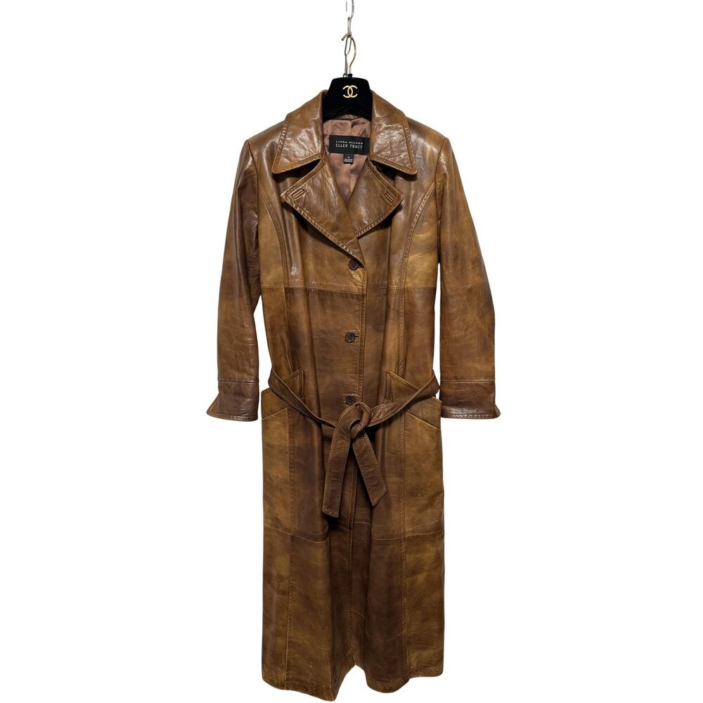 Ellen Tracy Leather Coat Womens 4 Brown Long Trench Belted Full Length Made USA